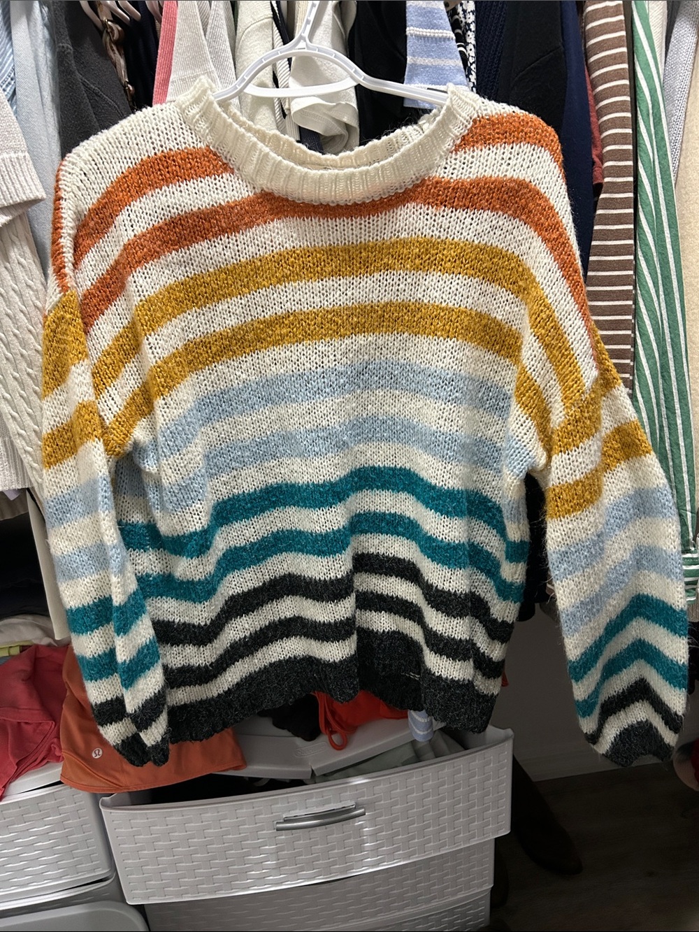 entro Striped Crewneck Sweater in Cream, Orange, Mustard, Teal, Black